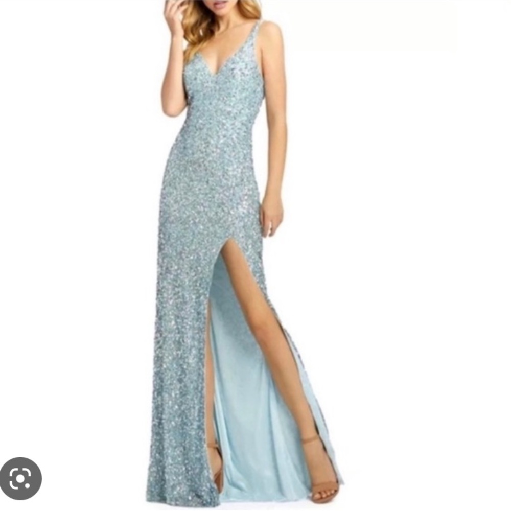 NEW Mac Duggal sequin dress blue v neck slit maxi